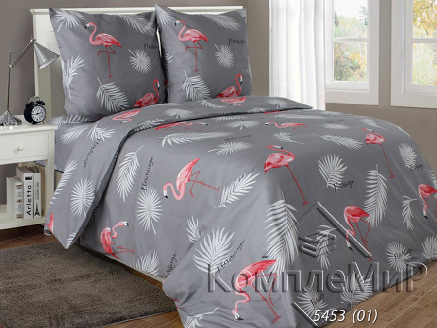 ткань постельная вид на кровати - Фламинго на сером - бязь