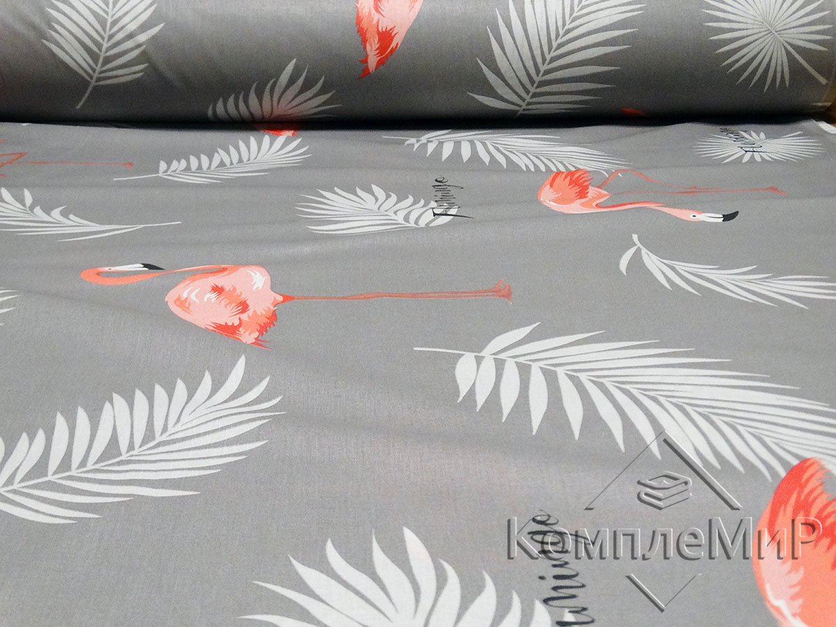 ткань постельная 3 - Фламинго на сером - бязь
