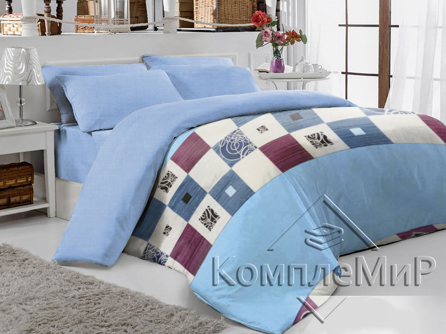ткань постельная вид на кровати - Элит - Голубая - бязь