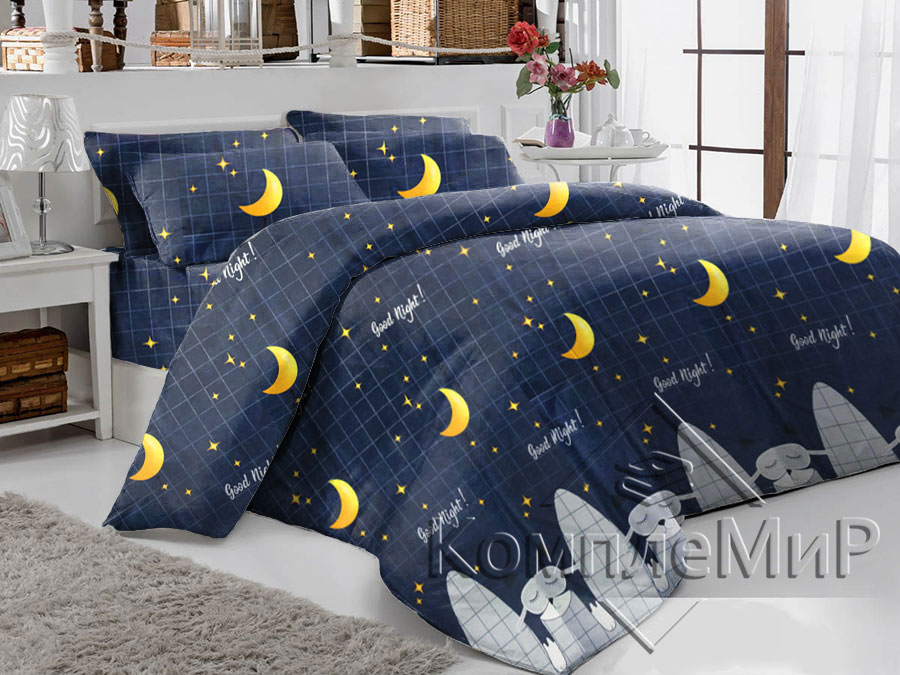 Комплект постельного белья (полуторный) из бязи - Луна-Звёзды-Коты
