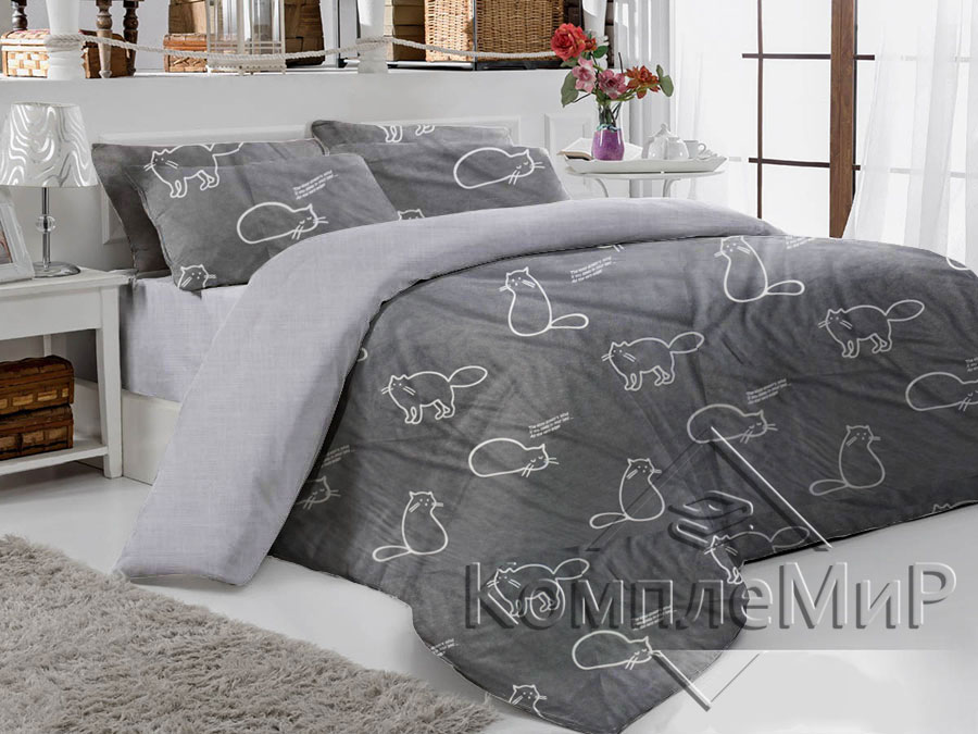 ткань постельная вид на кровати - Коты на сером - Экстра-2 - ткань-компаньон бязь