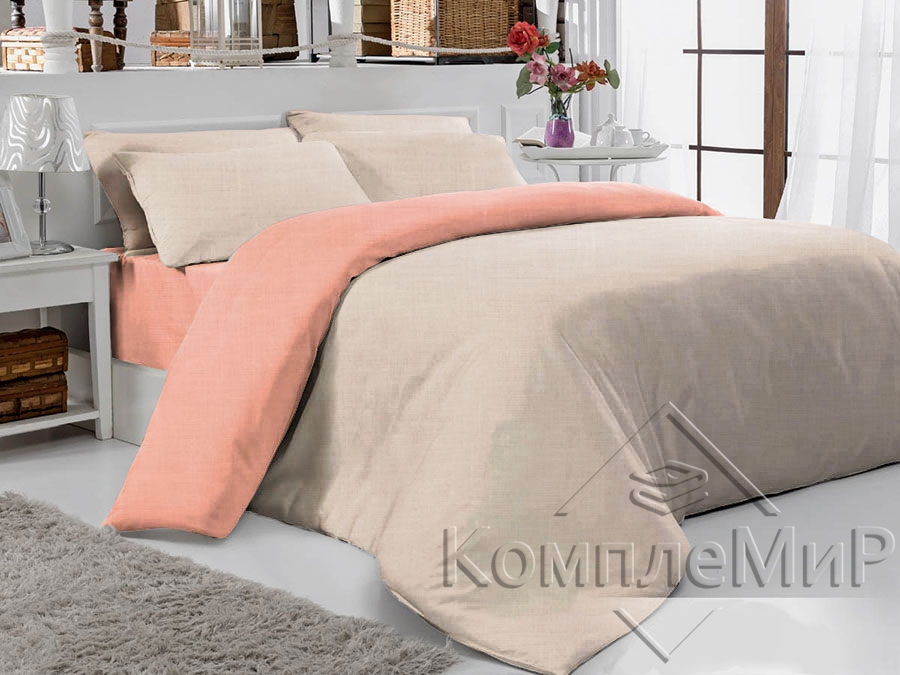 ткань постельная вид на кровати - Алисена-Персик-2 - ткань-компаньон бязь