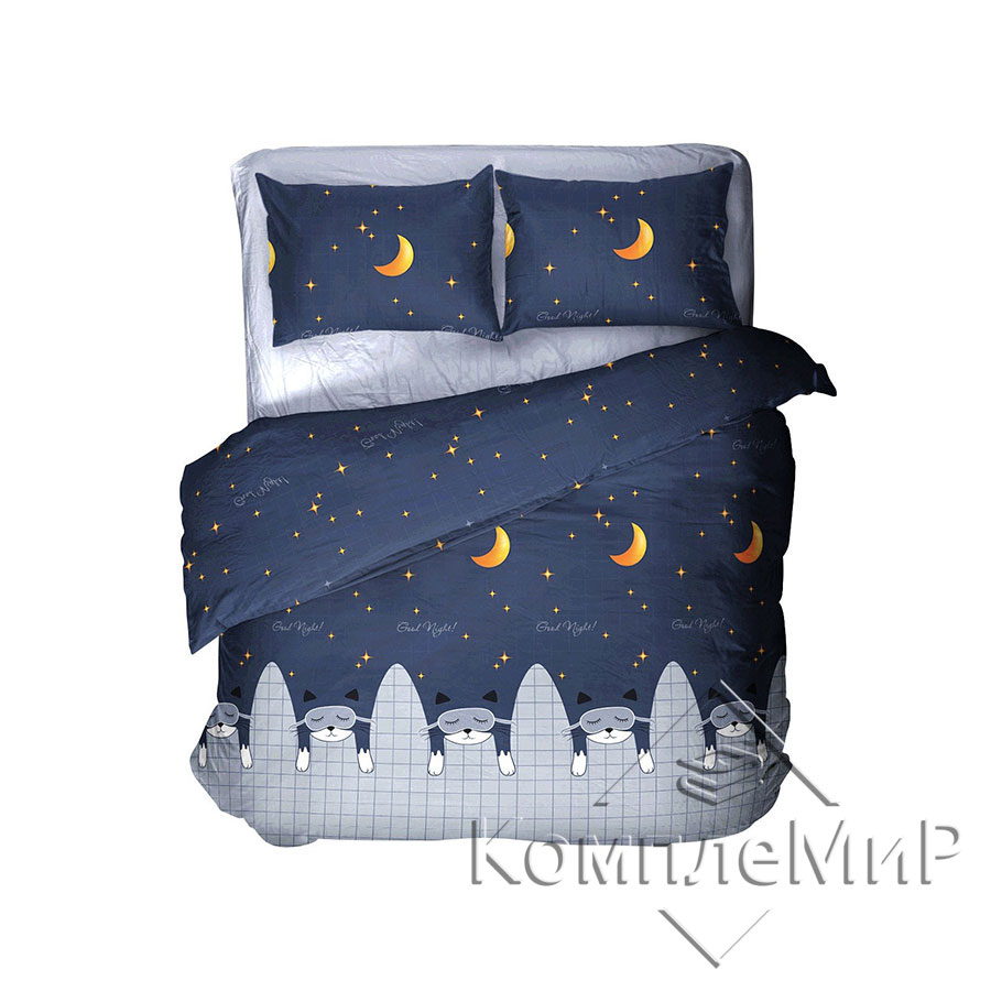 3 - Комплект постельного белья (полуторный) из бязи - Луна-Звёзды-Коты