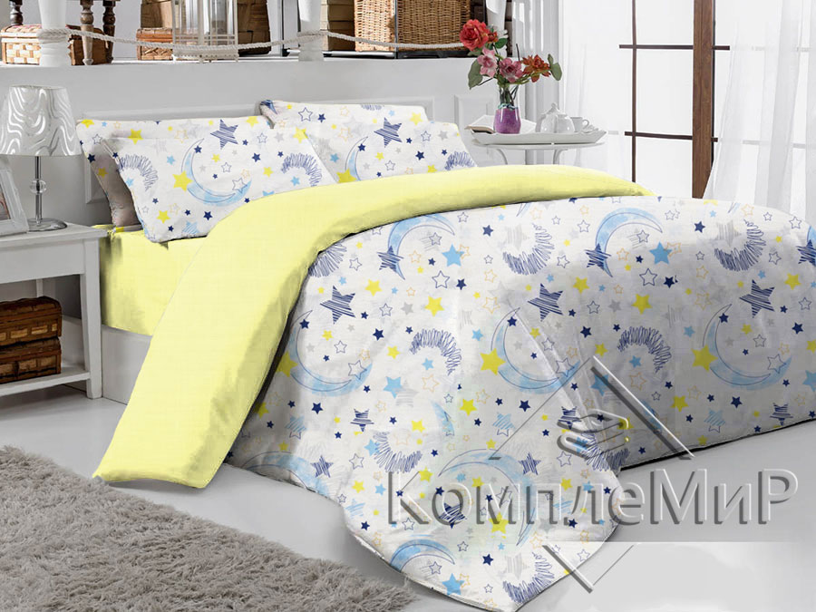 Комплект постельного белья (полуторный) из бязи - Звезды-Луна-Лимон