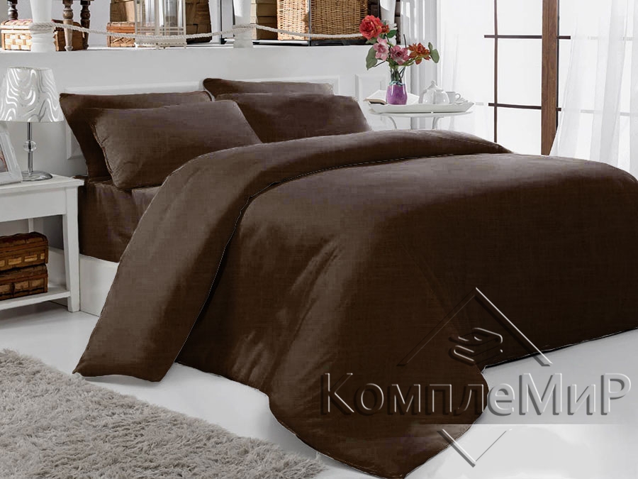 ткань постельная вид на кровати - Шоколад - сатин