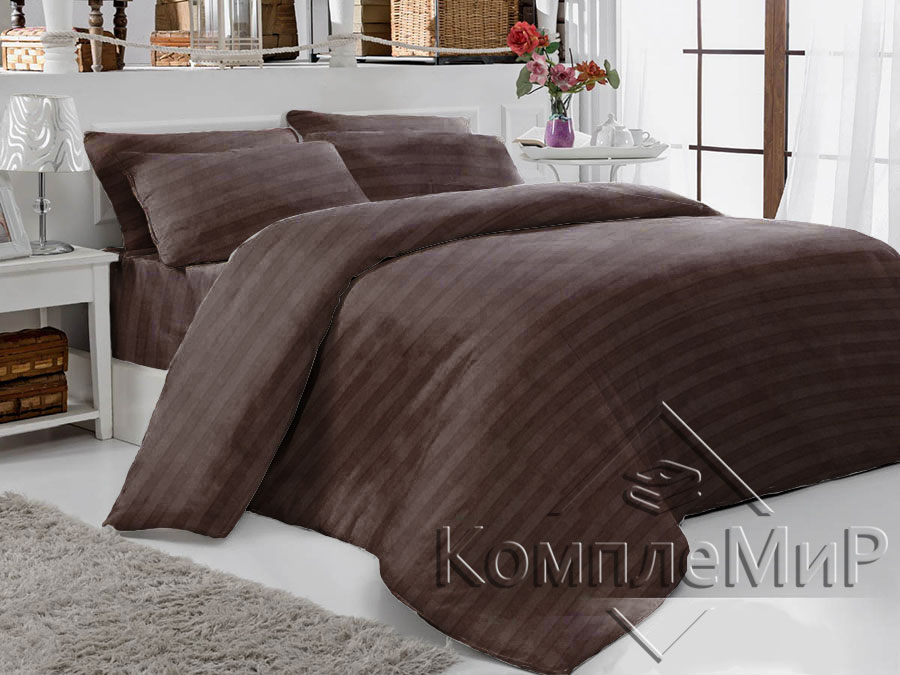 ткань постельная вид на кровати - Сатин-страйп - Шоколад