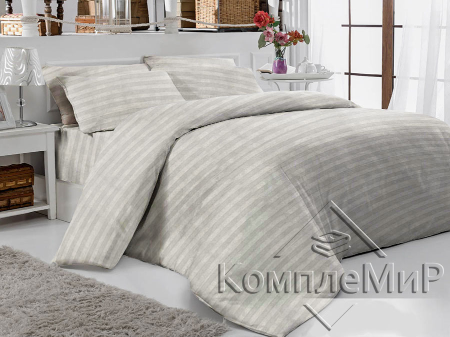 ткань постельная вид на кровати - Сатин-страйп - Серый беж