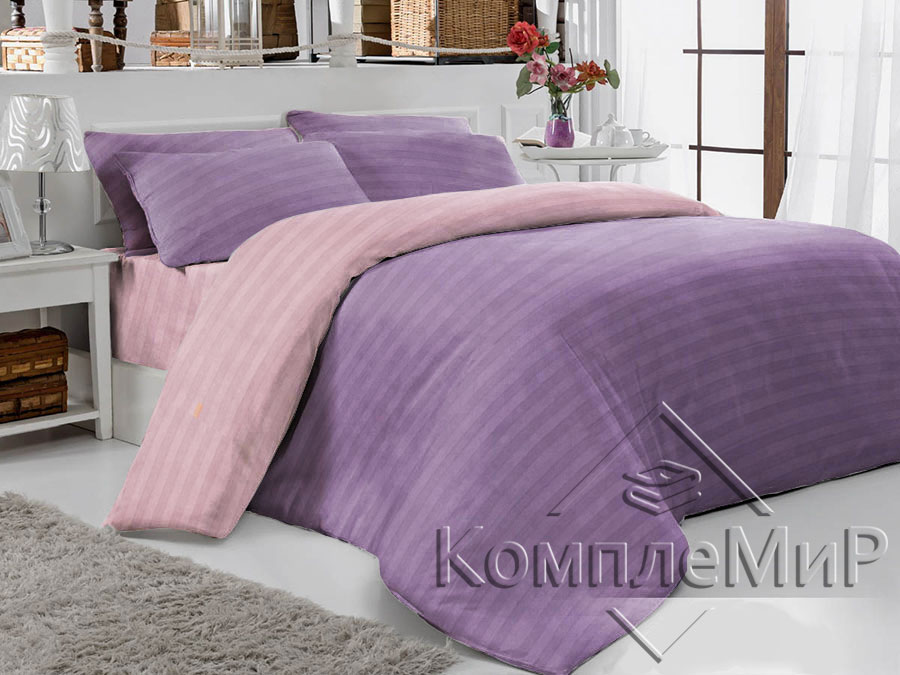 Комплект постельного белья (евро) из сатина - страйп - Фиалка-Розовый